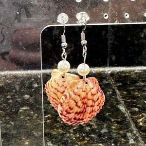 Calico Scallop Seashell and Pearl Drop Earrings